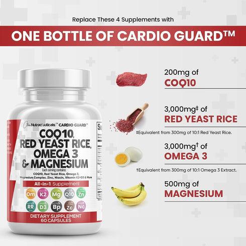COQ10 200mg, Red Yeast Rice 3000mg, Omega 3 3000mg - Heart Health Support Vitamins for Women and Men, 60 Ct