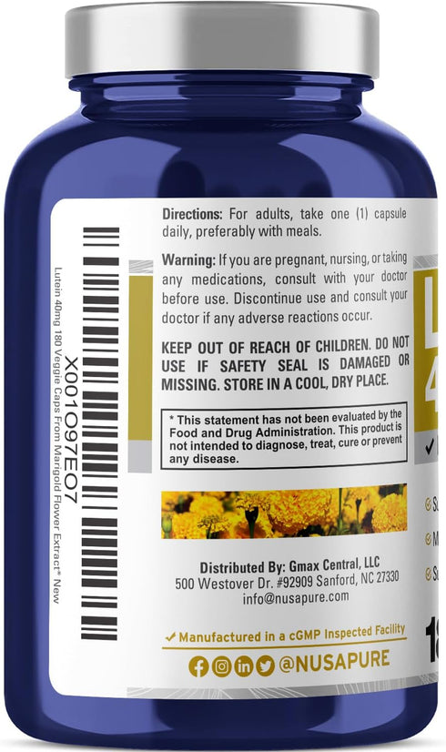 NusasPure Lutein 40mg, 180 Veggie Capsules, Non-GMO, Vegan