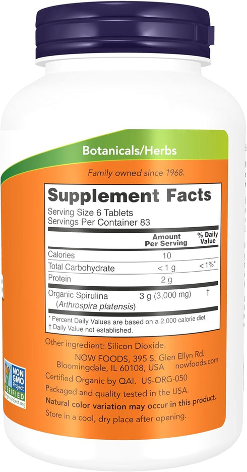 NOW Supplements, Organic Spirulina 500 mg with Vitamins, Minerals and GLA (Gamma-Linolenic Acid), 500 Tablets
