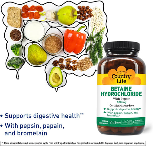 Country Life Betaine Hydrochloride with Pepsin, 600 mg, 250 Tablets