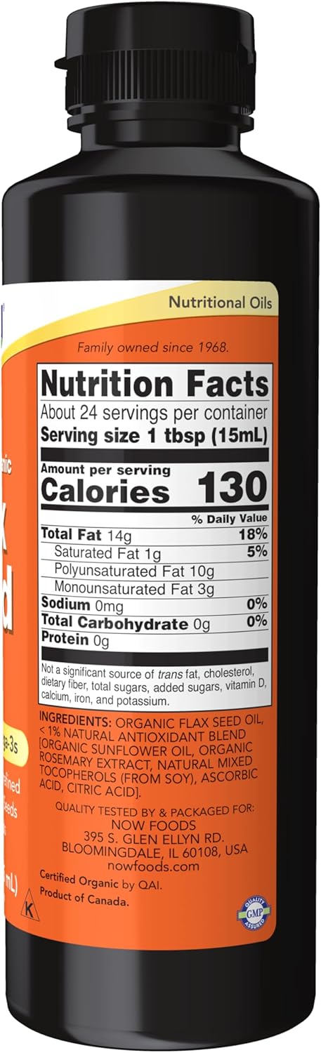 NOW Supplements, Certified Organic Flax Seed Oil Liquid, Cold-Pressed and Unrefined, 12-Ounce