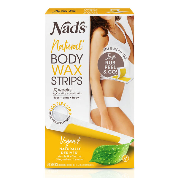 Nad's Body Wax Strips, Natural for All Skin Types, At Home Waxing Kit with 30 Strips & Post Wax Oil