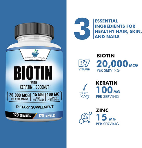 Biotin 20,000mcg with Keratin, Coconut Powder, and Zinc - Hair Growth Supplements for Healthy Hair, Skin & Nails