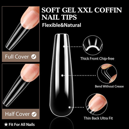 UNA GELLA XXL Coffin Nails Tips, Full Cover 216pcs Extra Long Clear Coffin Ballerina Nail Tips for DIY Art Salon