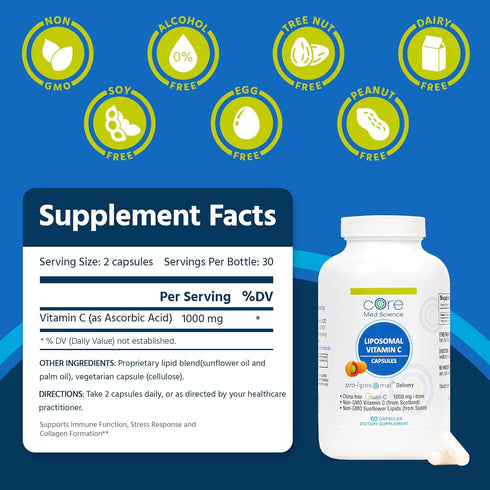 Core Med Science Liposomal Vitamin C 1000mg - 60 Capsules Non-GMO Natural Supplement for Healthy Skin & Immune Support