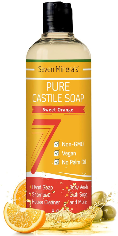 Pure Castile Soap, Sweet Orange - No Palm Oil, GMO-Free - Gentle Liquid Soap For Sensitive Skin & Baby Wash - All Natural Vegan Formula with Organic Carrier Oils