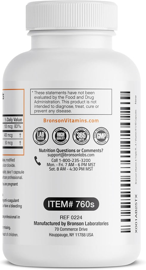Bronson Vitamin K Triple Play | Full Spectrum Complex Vitamin K Supplement (K2 MK7, K2 MK4, K1) | 90 Capsules