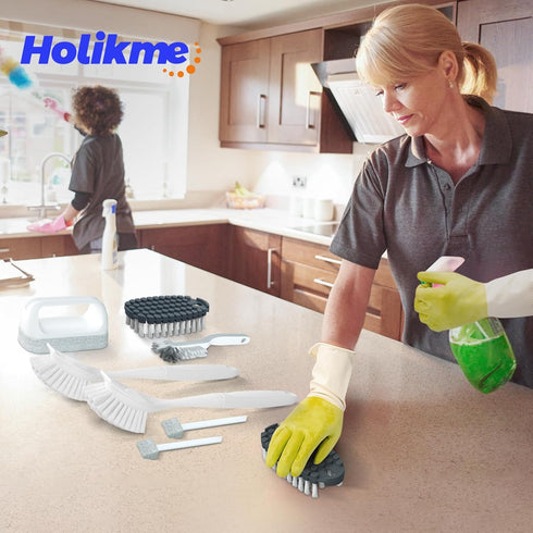 Holikme 7 Pack Dish Cleaning Brush & Pad Set, Scouring Pad & Kitchen Scrub Brush for Dish, Pot, Pan, Sink, White