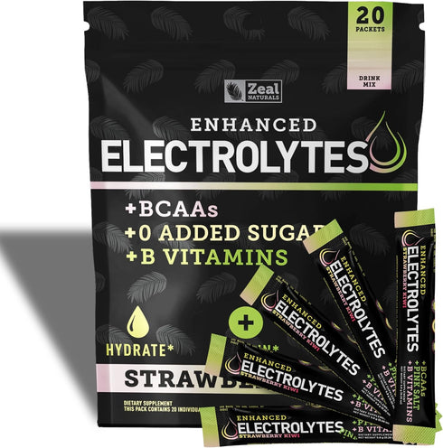 Enhanced Electrolyte Powder Stick Packs (Strawberry Kiwi | 20 Packets) with BCAAs +B-Vitamins for Hydration