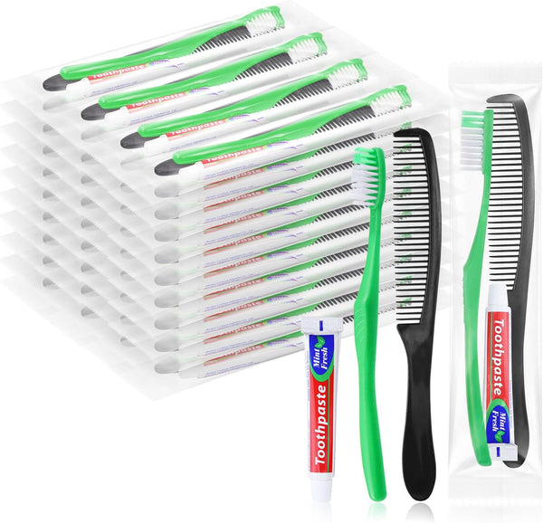 HOIQIRY Disposable Toothbrushes with Toothpaste and Comb - Pack of 100,Green Soft Bristle