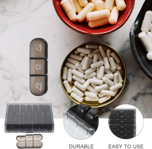 SHINYPASING 21 Portable Pill Organizer Medicine Box Compartments Weekly Medicine Storage Black Case Vitamin Organizer