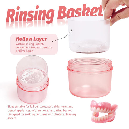 2024 Leak Proof Denture Bath Cup, Large Denture Case for Travel, Complete Clean Care for Dentures (Transparent Pink)