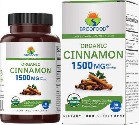 Brieofood Organic Cinnamon 1500mg, 90 Vegetarian Tablets, 45 Servings, Gluten Free, Vegetarian