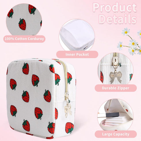 Teircno Period Bag for Women, Portable Corduroy Sanitary Napkin Storage Bag Strawberry Period Pouch with Zipper
