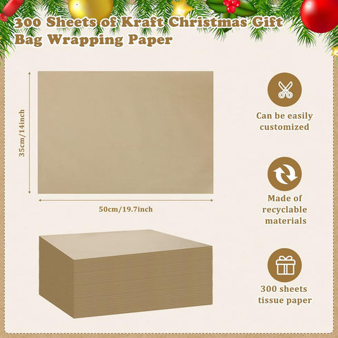 300 Sheets Kraft Tissue Paper 14 x 20 Inches Wrapping Paper Bulk Tissue Paper Decorative for School Baby Shower Weddings Birthday DIY Bags Christmas Gifts(Brown)