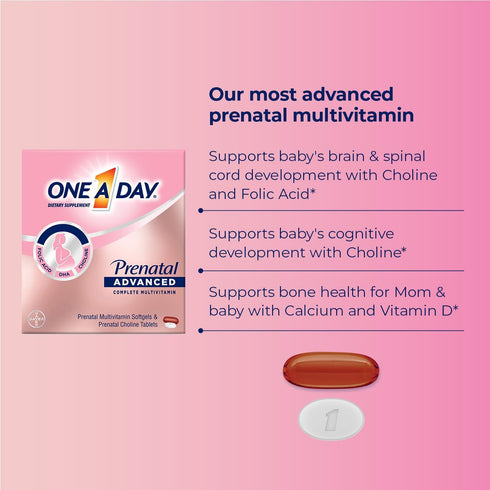 One A Day Women's Prenatal Advanced Multivitamin, Brain Support with Choline, Folic Acid, Omega-3 DHA & Iron, 60 Count
