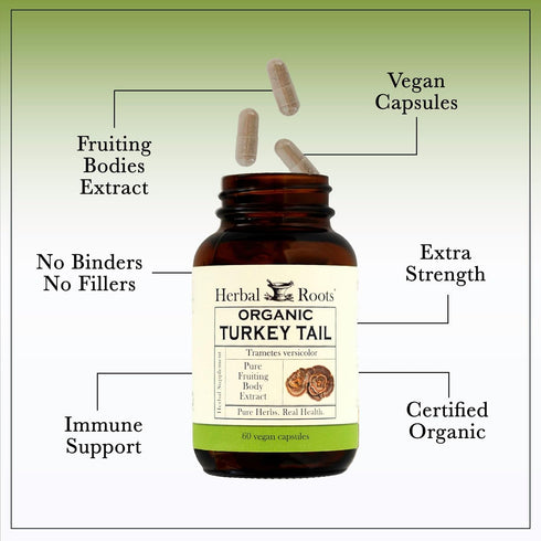 Immune 60 Herbal Roots Organic Turkey Tail Mushroom Supplement - Fruiting Bodies Extract - Support - Vegan Non GMO