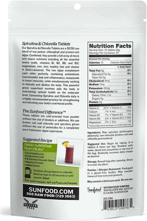 Sunfood Chlorella Spirulina Tablets - Vegan Green Algae Supplement, 2 oz Bag, Rich in Chlorophyll, Broken Cell Wall