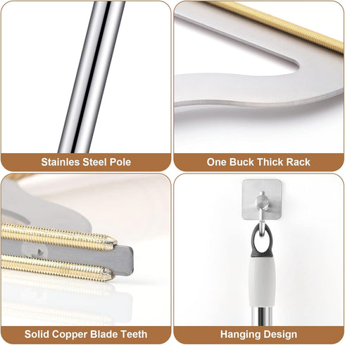 47“ Adjustable Long Handle Carpet Rake Pet Hair Remover, Reusable Metal Lint Remover Brush for Low Pile Rugs & Stairs