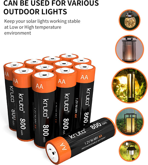 Kruta AA Rechargeable Batteries, 12 Pack, NiMH Double A 1.2V 800mAh for Outdoor Solar Garden Lights