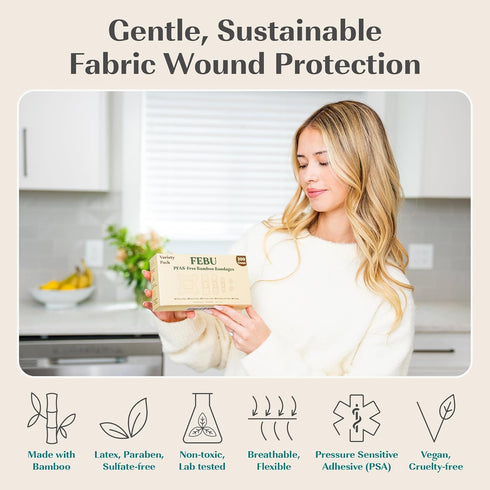 FEBU Eco-Friendly Bamboo Fabric Bandages, PFAS Free, Natural Hypoallergenic Bandages, 75 Count