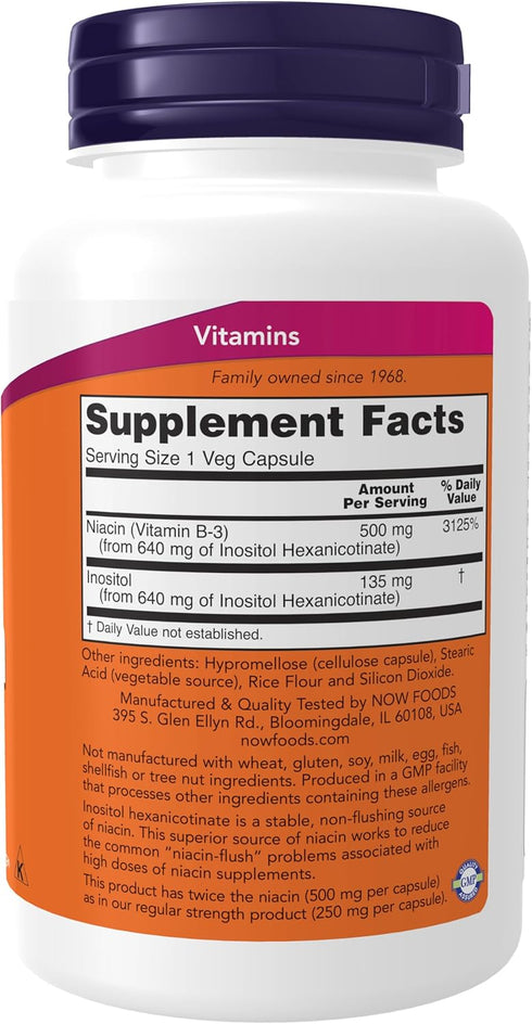 NOW Supplements, Niacin (Vitamin B-3) 500 mg, Flush-Free, Double Strength, Nutritional Health, 90 Veg Capsules