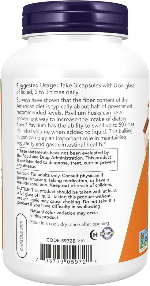 NOW Supplements, Psyllium Husk Caps 500 mg, 500 Veg Capsules | Natural Soluble Fiber, Intestinal Health*, Non-GMO