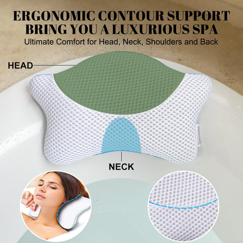 Non Slip Bath Pillow, Luxury Spa Bathtub Head & Neck Rest Support, Quick Drying Air Mesh Tub Pillow