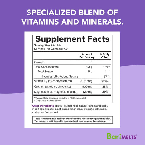 BariMelts Calcium Citrate with Vitamin D3 and Magnesium, 120 Smooth-Dissolving Tablets, 1 Month Supply