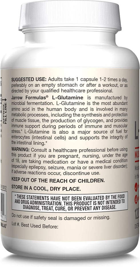 Jarrow Formulas L-Glutamine 750 mg, 120 Veggie Capsules for Immune and Muscle Support