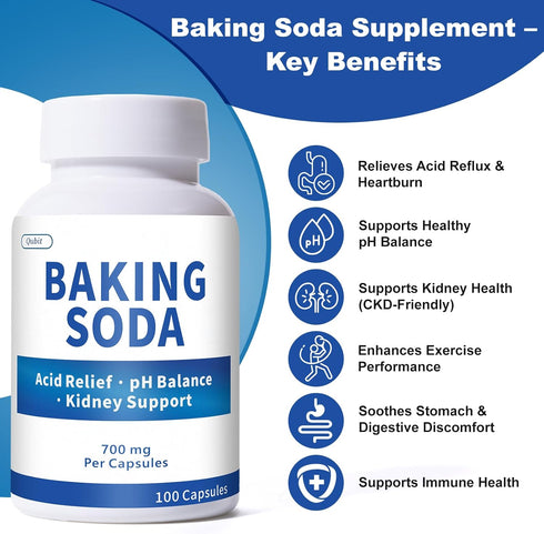 QUBIT 700mg 100 Baking Soda Capsules Sodium Bicarbonate Supplement | Natural Baking Soda for Acid Reflux Relief