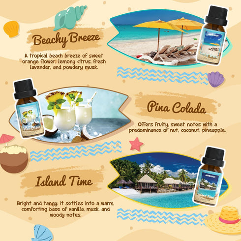 Set, Summer ARVIDSSON Beach Fragrance Oils Essential Oils for Diffuser - Beachy Breeze, Ocean Air, Pina Colada, Pink