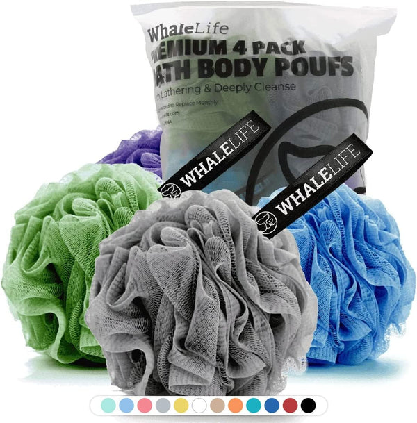 Loofah Sponge Bath Sponge for Women and Men, 4 Pack (Gray, Blue, Green, Purple)