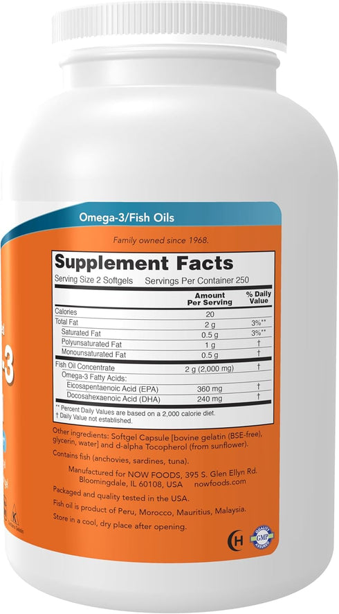 NOW Foods Omega-3 Supplements, 500 Softgels, 180 EPA / 120 DHA, Cardiovascular Support*