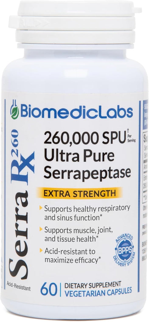 Serra-RX 260,000 SU Serrapeptase - Acid-Resistant Proteolytic Systemic Enzyme, Vegan, 60 Veg Capsules