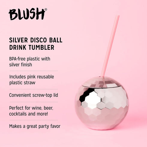 Blush Silver Disco Ball Cup with Straws - 16 Ounce Sparkly Glitter Cocktail Drink Tumbler, Party Supplies