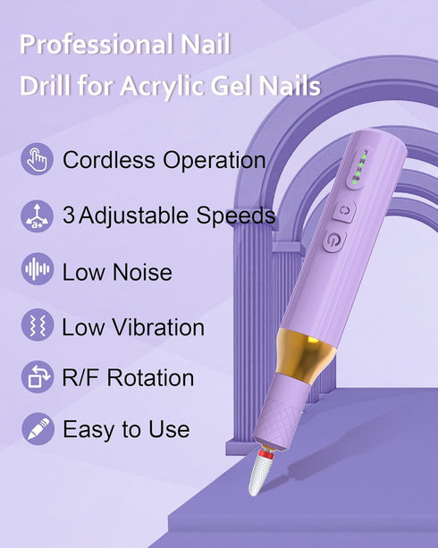 Nail Drill,Cordless Electric Files for Gel Nails Efile Manicure Kit Women Rechargeable Wireless Drill para Uñas Profesional Machine Grinder Acrylic Purple