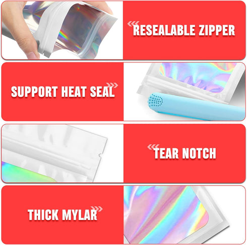 Funfery 300 Pack Mylar Holographic Bags with Clear Window, Resealable Smell Proof Zipper Foil Bags