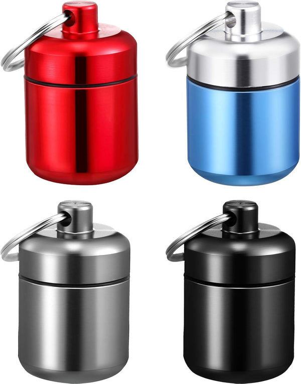 4 Pieces Keychain Pill Holder, Waterproof Aluminum Pill Case Box with Keychain for Travel, Multicolor