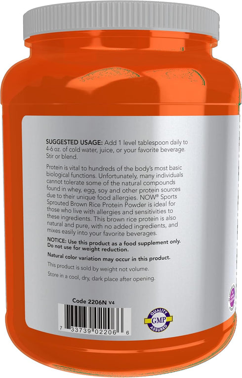 NOW Foods Sports Nutrition, Sprouted Brown Rice Protein, 80% Protein, Unflavored Powder, 2-Pound