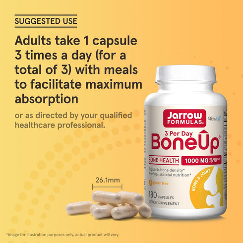 Jarrow Formulas BoneUp Three Per Day - 180 Capsules for Bone Support with Vitamin D3, K2 & 1000 mg Calcium