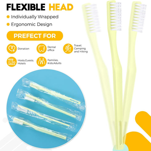 CHENGU 200 Pack Individually Wrapped Disposable Toothbrush Bulk, Single Use Travel Toothbrushes for Adults (Yellow)