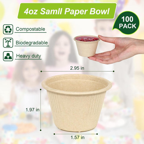 4 oz Small Paper Bowls, 100 Pack Disposable Compostable Bagasse Fiber Bowls for Condiments, Sauce, Ice Cream