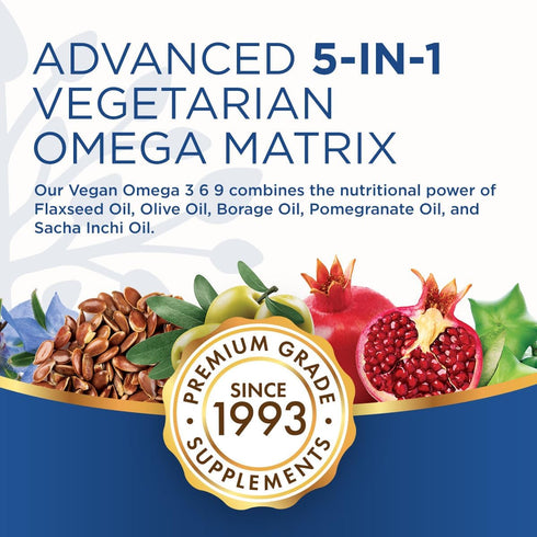 Purity Products Omega 3-6-9 Vegan and Vegetarian Formula - “5 in 1” Essential Fatty Acid Complex, 60 Count