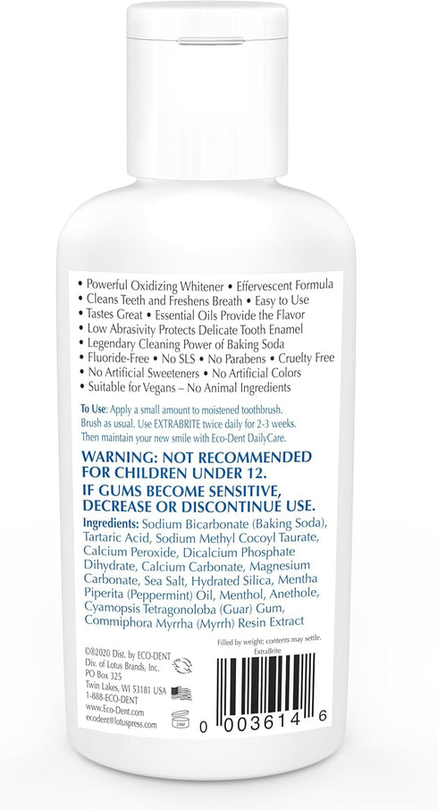Eco-Dent ExtraBrite Baking Soda Toothpowder - Mint, Fluoride-Free Toothpaste Powder, 2 Oz Ea (Pack of 2)