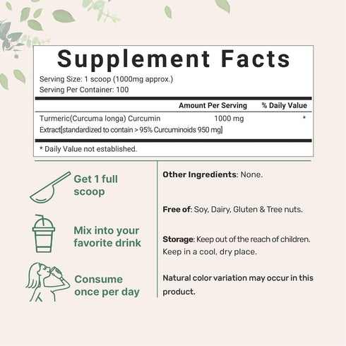 Turmeric Extract 95% Curcuminoids, 100 Grams, Natural Turmeric Supplements for Joint & Immune Support