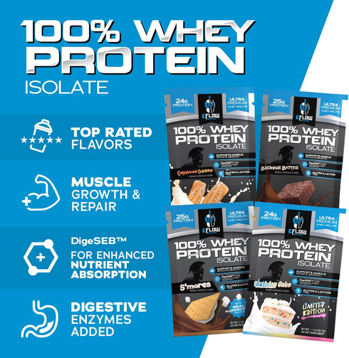eFlow Nutrition Whey Protein Sample Variety - Isolate Protein Powder Samples, Low Calorie, Travel Packs (4 Pack)
