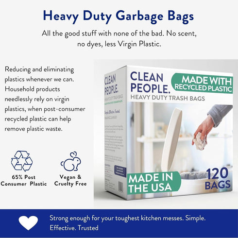 Clean People Trash Bags, Tall Drawstring Kitchen Garbage Bags, 13 Gallon Capacity, 120 Bags, Made with 65% Recycled Material, Unscented by THE CLEAN PEOPLE