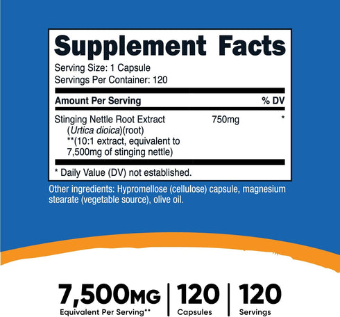 Nutricost Stinging Nettle Root Extract 7500mg, 120 Capsules - Vegetarian Friendly, Non-GMO, Gluten Free (750mg of 10:1 Extract)