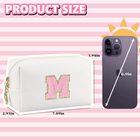 Initial Makeup Bag,Personalized preppy bag Waterproof PU Leather Chenille Letter Cosmetic Bag,Portable Travel Toiletry Bag Monogram Birthday Gift for Women Girls Mom Friends (Letter M)